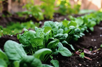 Fresh Spinach Plants Growing In A Garden Row