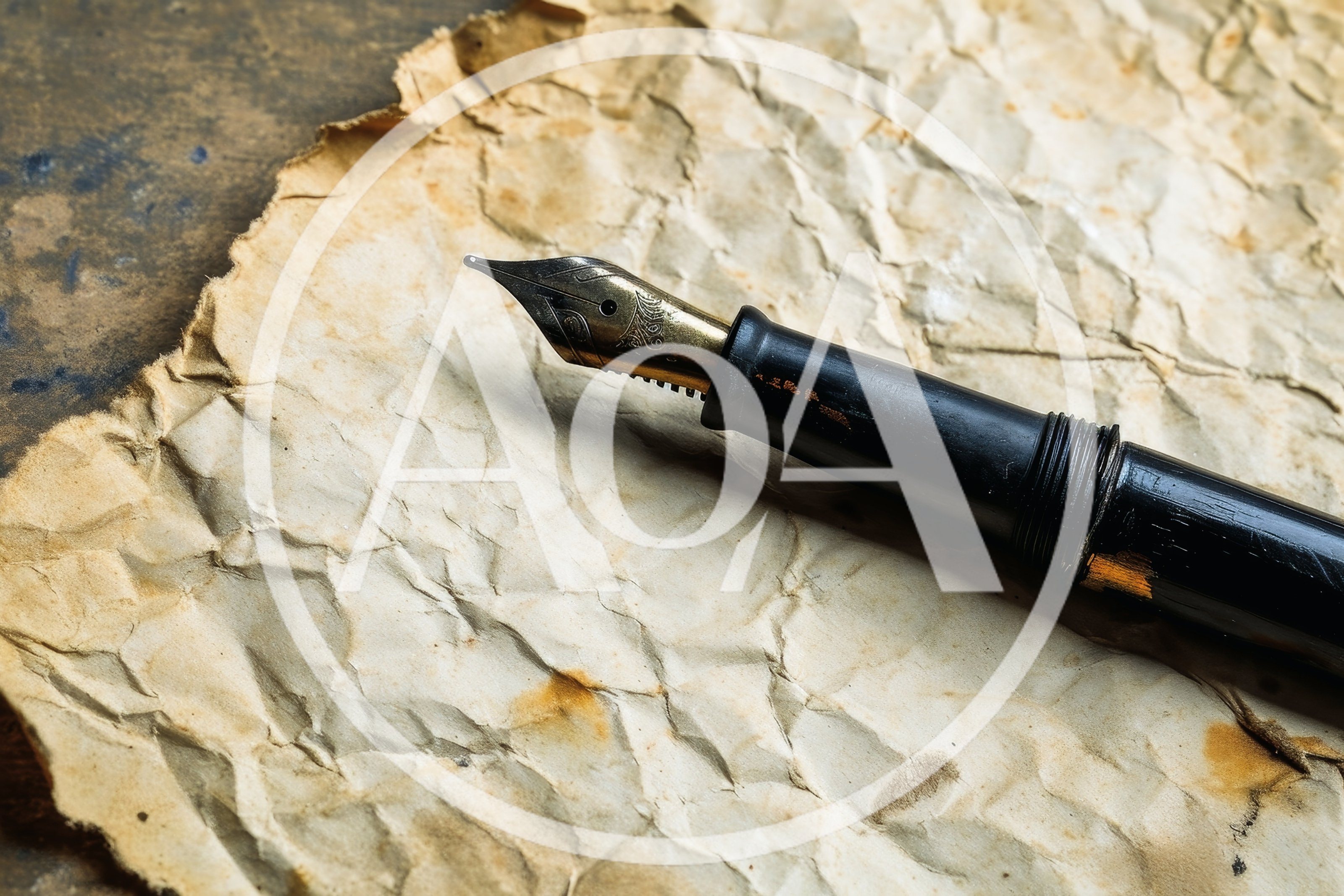 Vintage Fountain Pen Resting On Crumpled Aged Paper