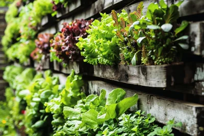 Vertical Garden With Fresh Lettuce And Herbs
