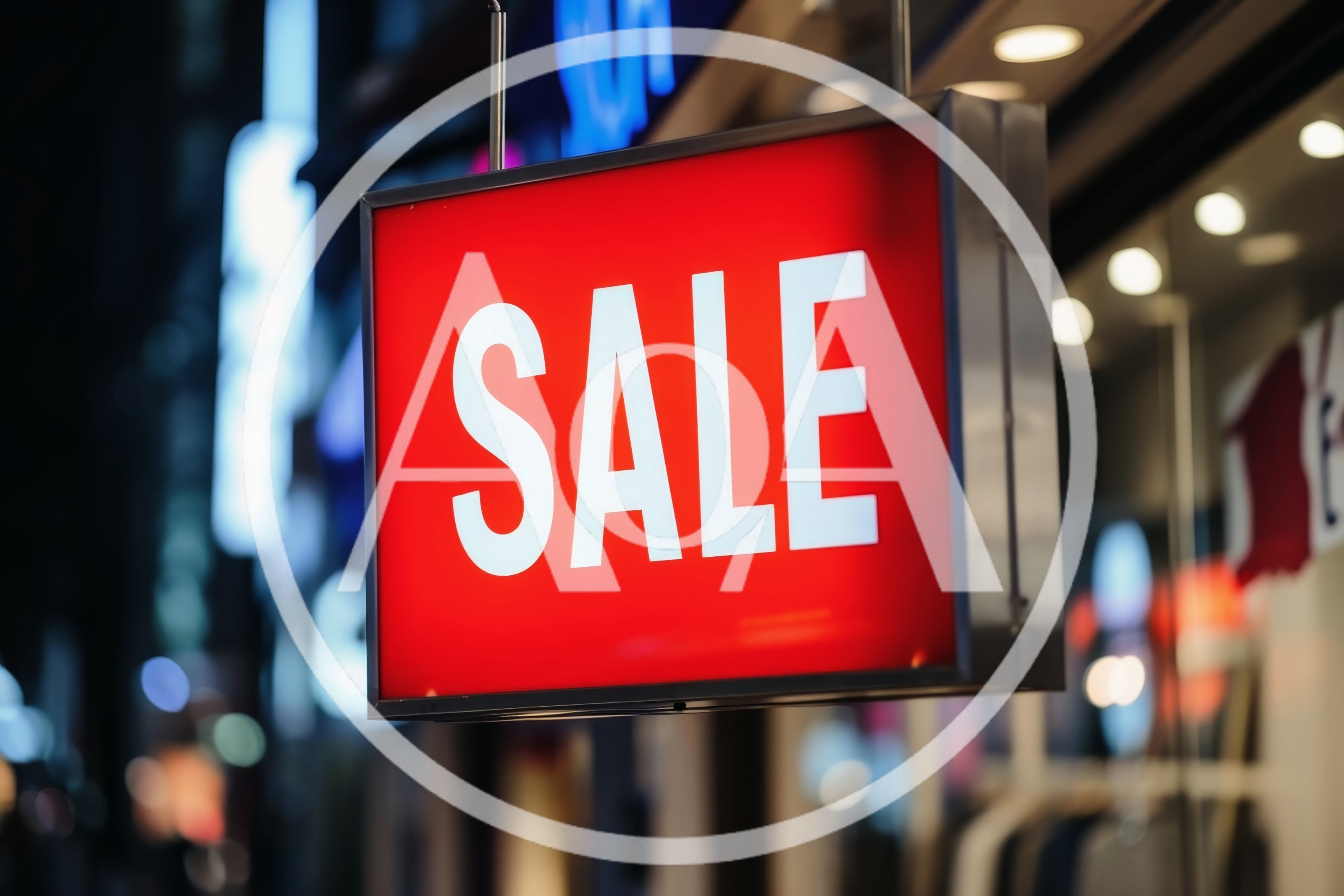 Illuminated Red Sale Sign Hanging Outside Retail Store