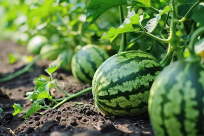 Fresh Watermelons Growing in a Sunny Garden Field
