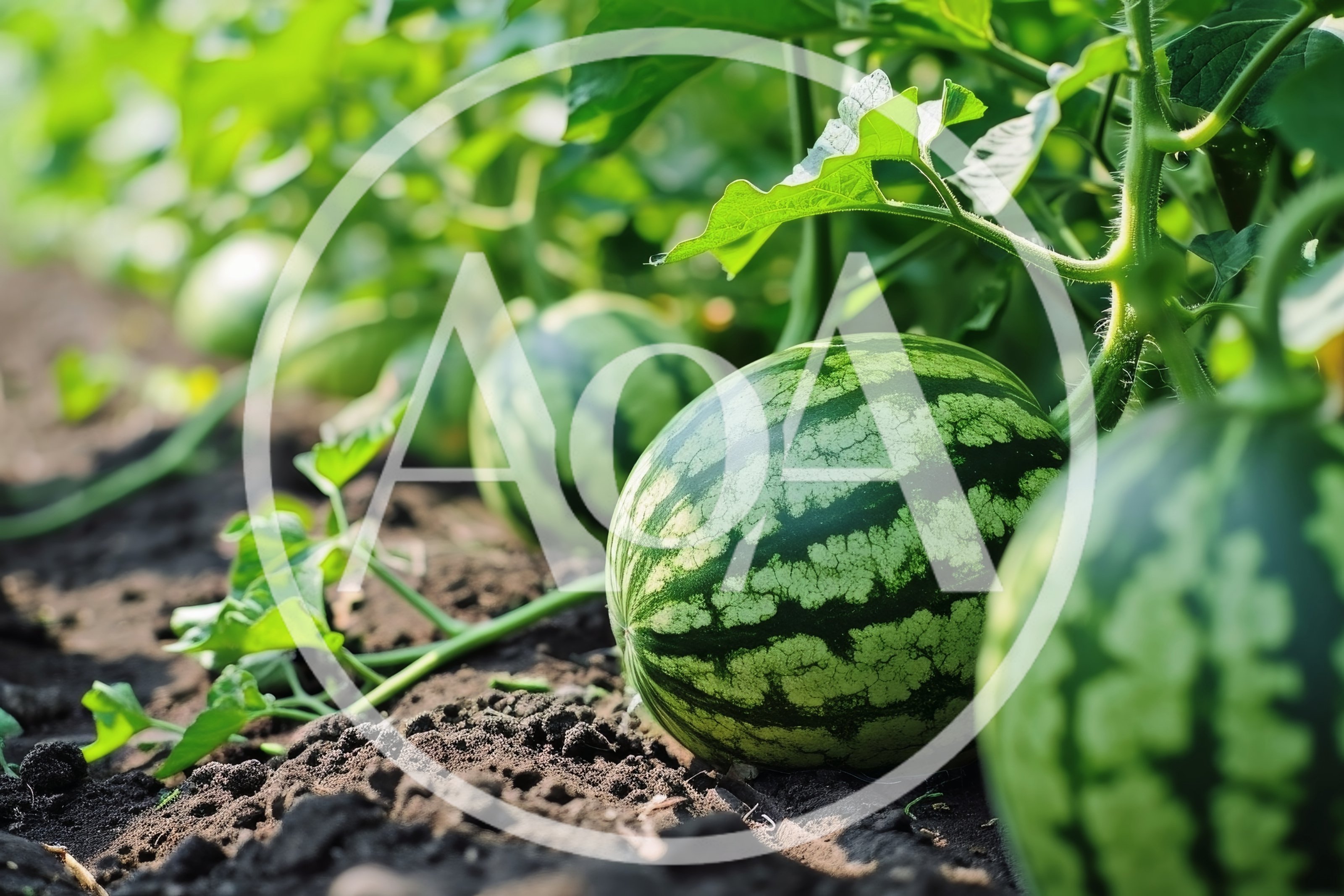 Fresh Watermelons Growing in a Sunny Garden Field