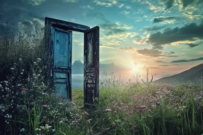 Surreal Open Door Standing In A Wildflower Meadow