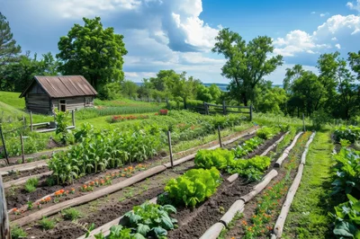 Rustic Wooden Cabin Beside A Lush Vegetable Garden