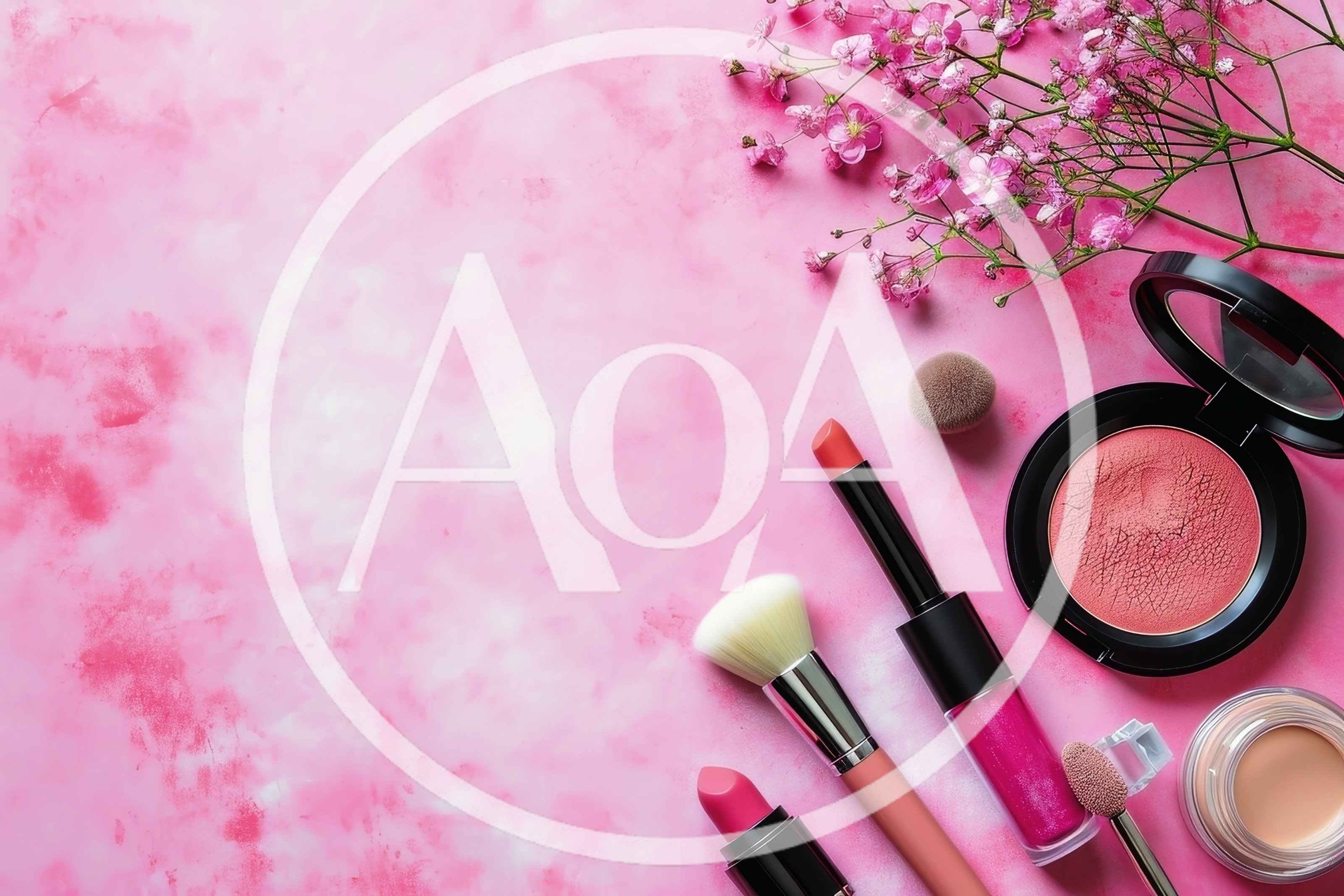 Flat Lay Makeup Collection With Pink Flowers