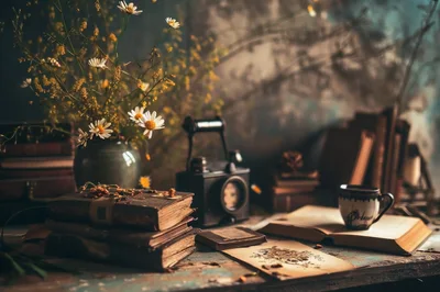 Vintage Still Life With Books And Flowers