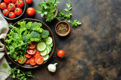 Fresh Vegetable Salad Ingredients on Dark Rustic Background