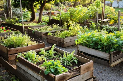 Raised Wooden Garden Beds In A Sunny Backyard