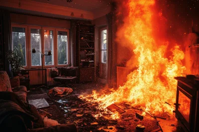 Living Room Interior Engulfed In Intense House Fire