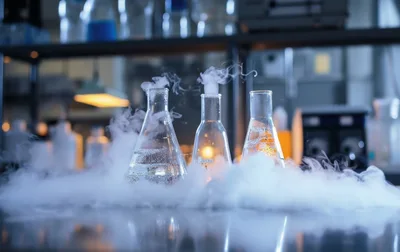 Three Laboratory Flasks With Smoking Chemical Reactions