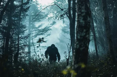 Bigfoot Walking Through A Misty Dark Forest
