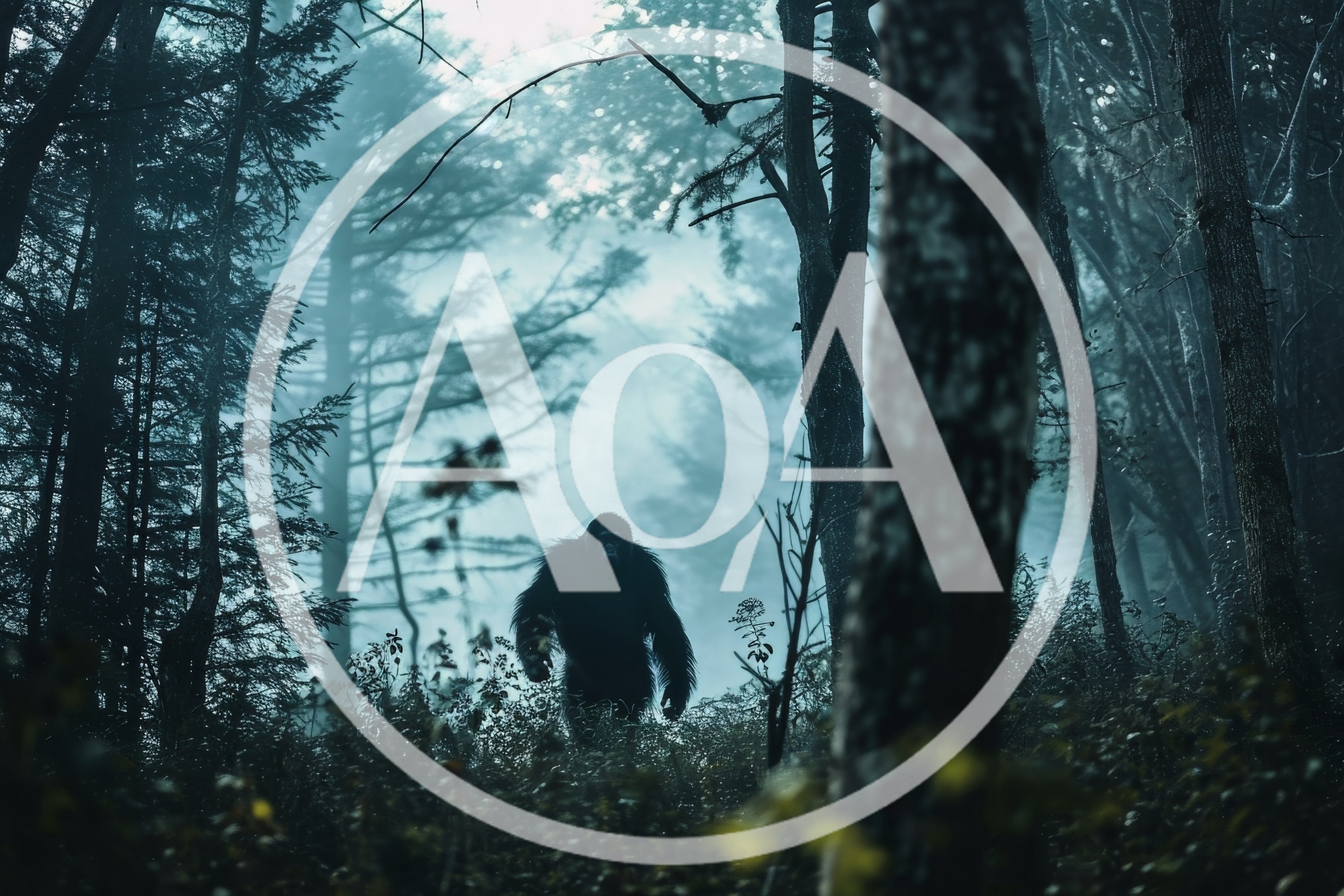 Bigfoot Walking Through A Misty Dark Forest
