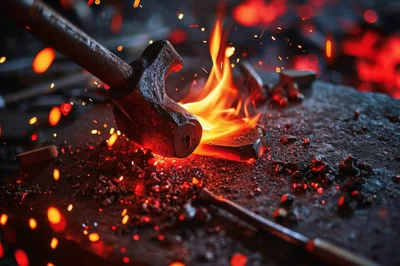 Blacksmith Hammering Glowing Hot Metal on Anvil