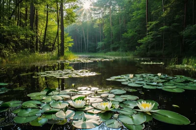 Sunlit Forest Pond With Blooming White Water Lilies