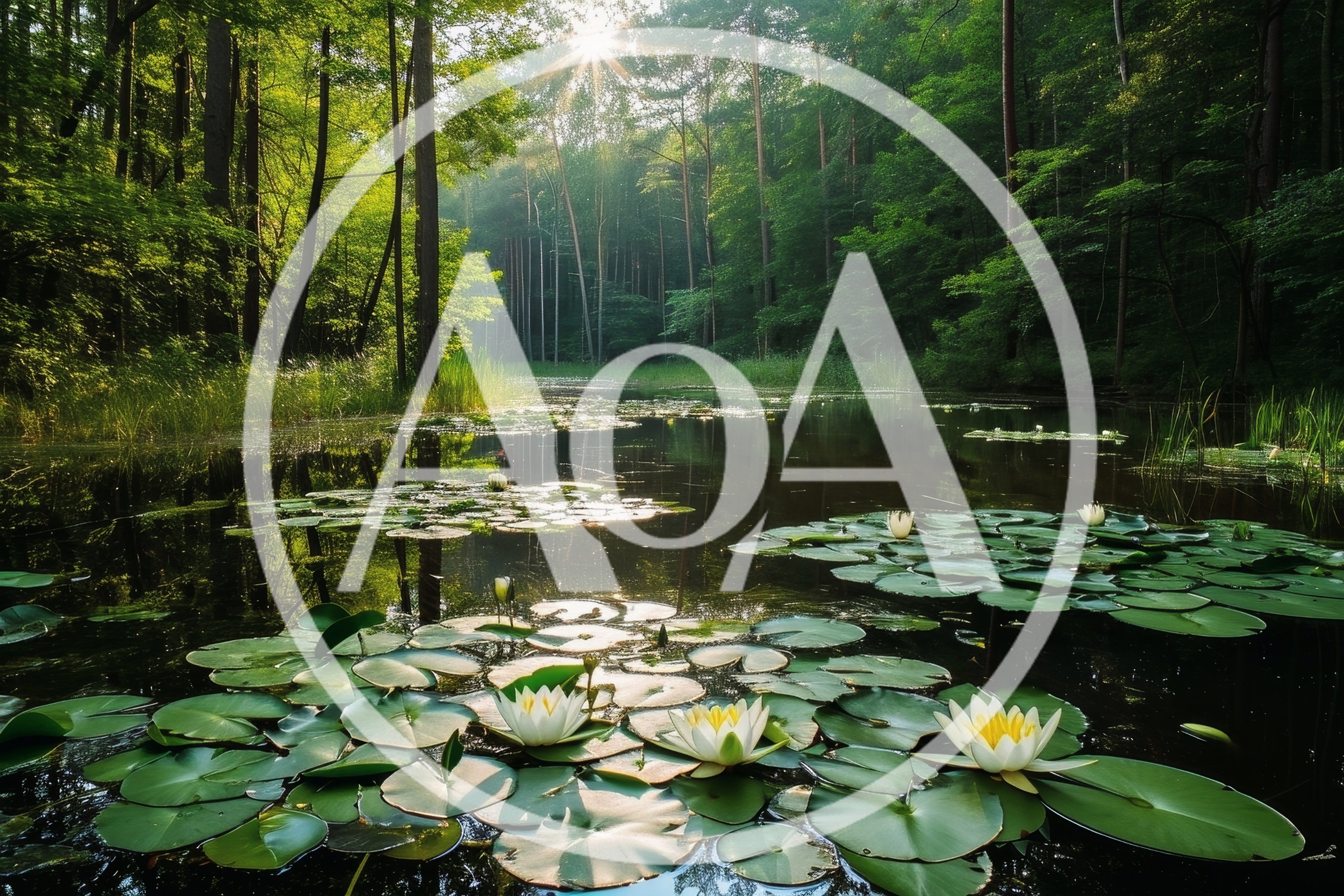 Sunlit Forest Pond With Blooming White Water Lilies