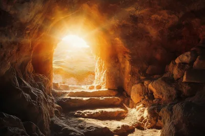 Sunlight Streaming Into An Ancient Stone Cave Entrance
