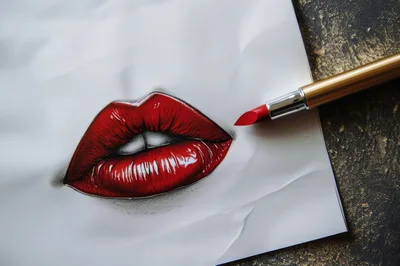Red Lipstick Drawing On White Paper With Makeup Applicator