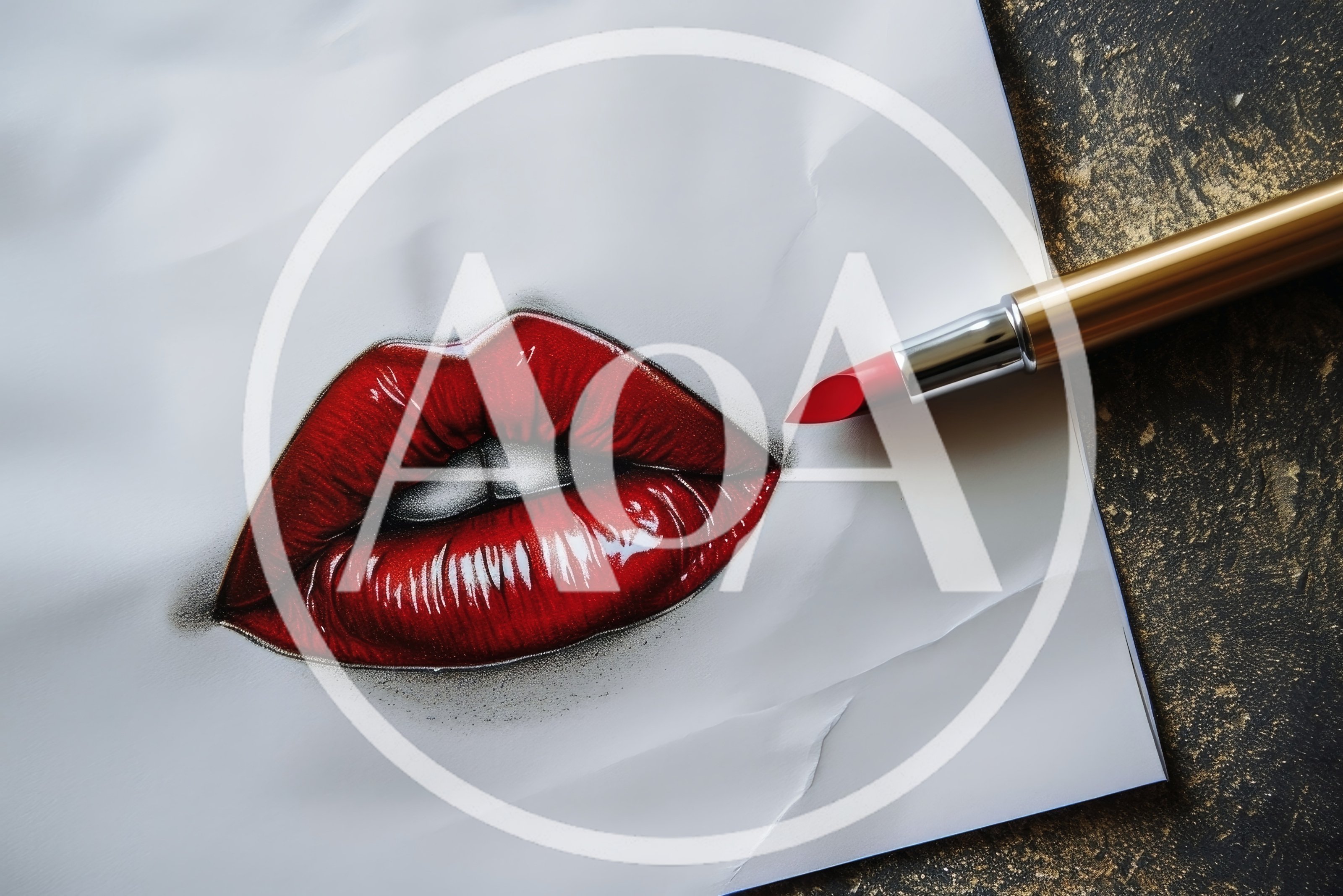 Red Lipstick Drawing On White Paper With Makeup Applicator