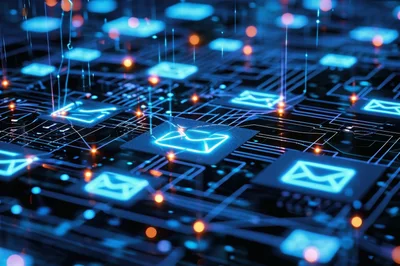 Digital Circuit Board With Glowing Email Icons