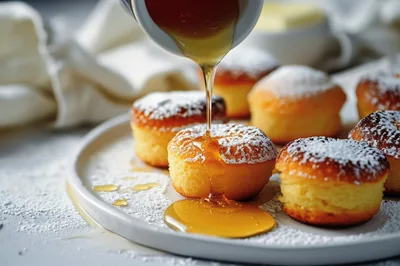 Honey Being Poured Over Freshly Baked Mini Cakes