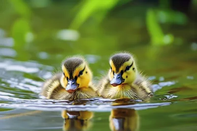 Two Fluffy Ducklings Swimming in a Pond