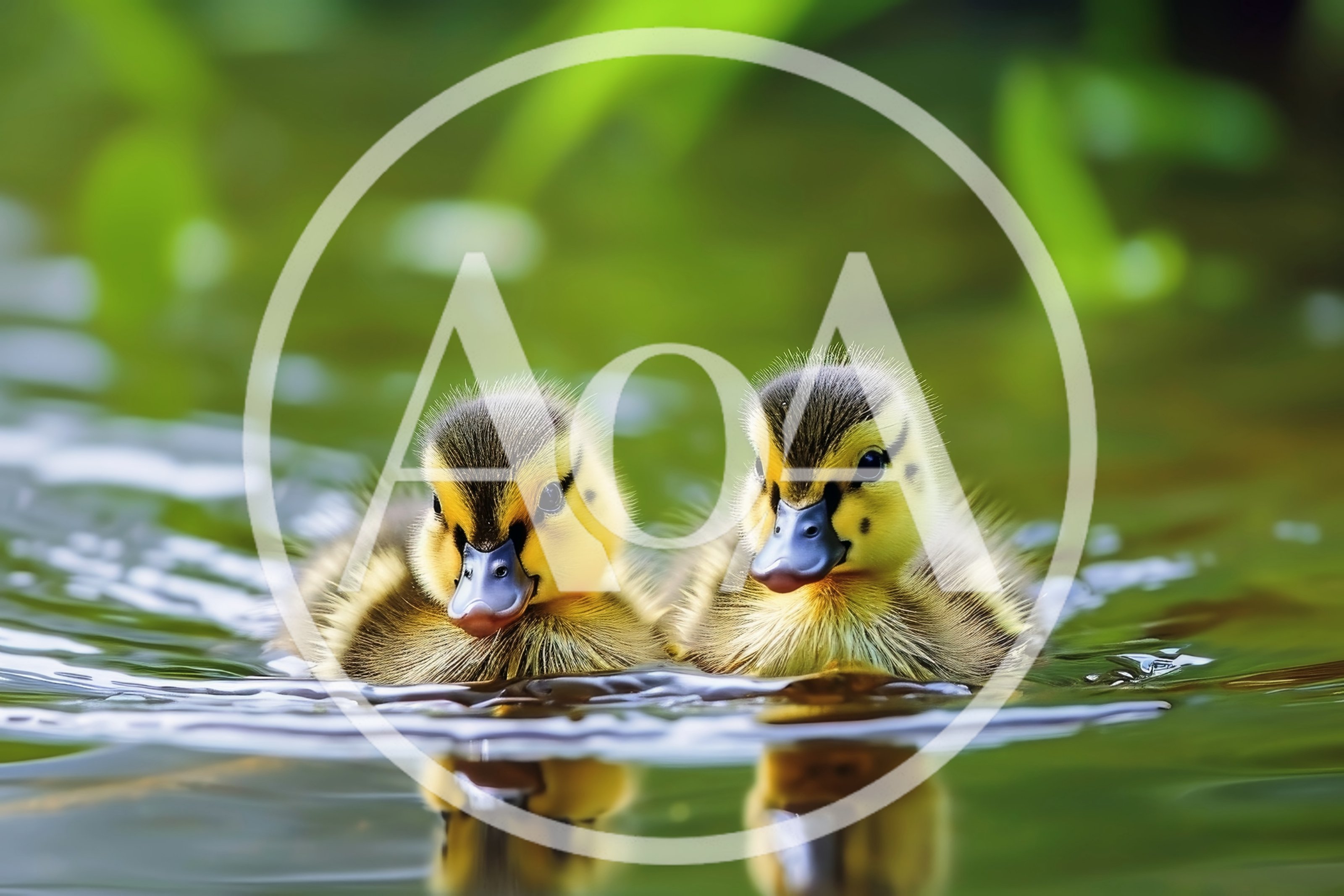 Two Fluffy Ducklings Swimming in a Pond
