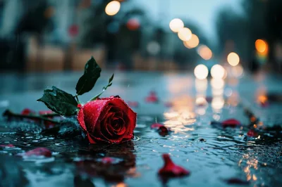 Single Red Rose Lying on Wet City Street