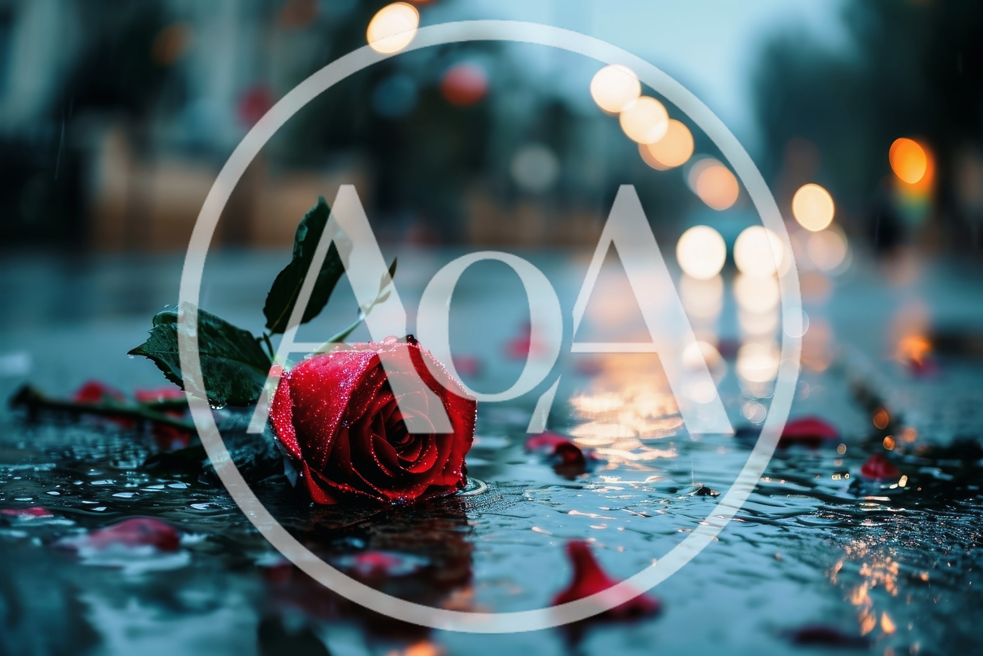 Single Red Rose Lying on Wet City Street