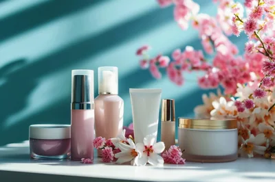 Skincare Product Collection With Floral Decorations