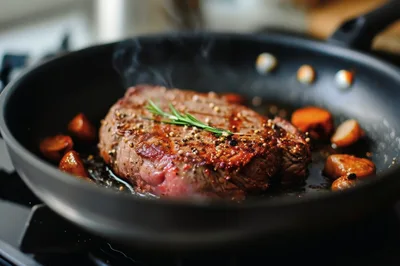A Thick Beef Steak Searing In A Hot Pan