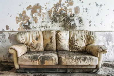 Abandoned Dirty Sofa Against Moldy Wall