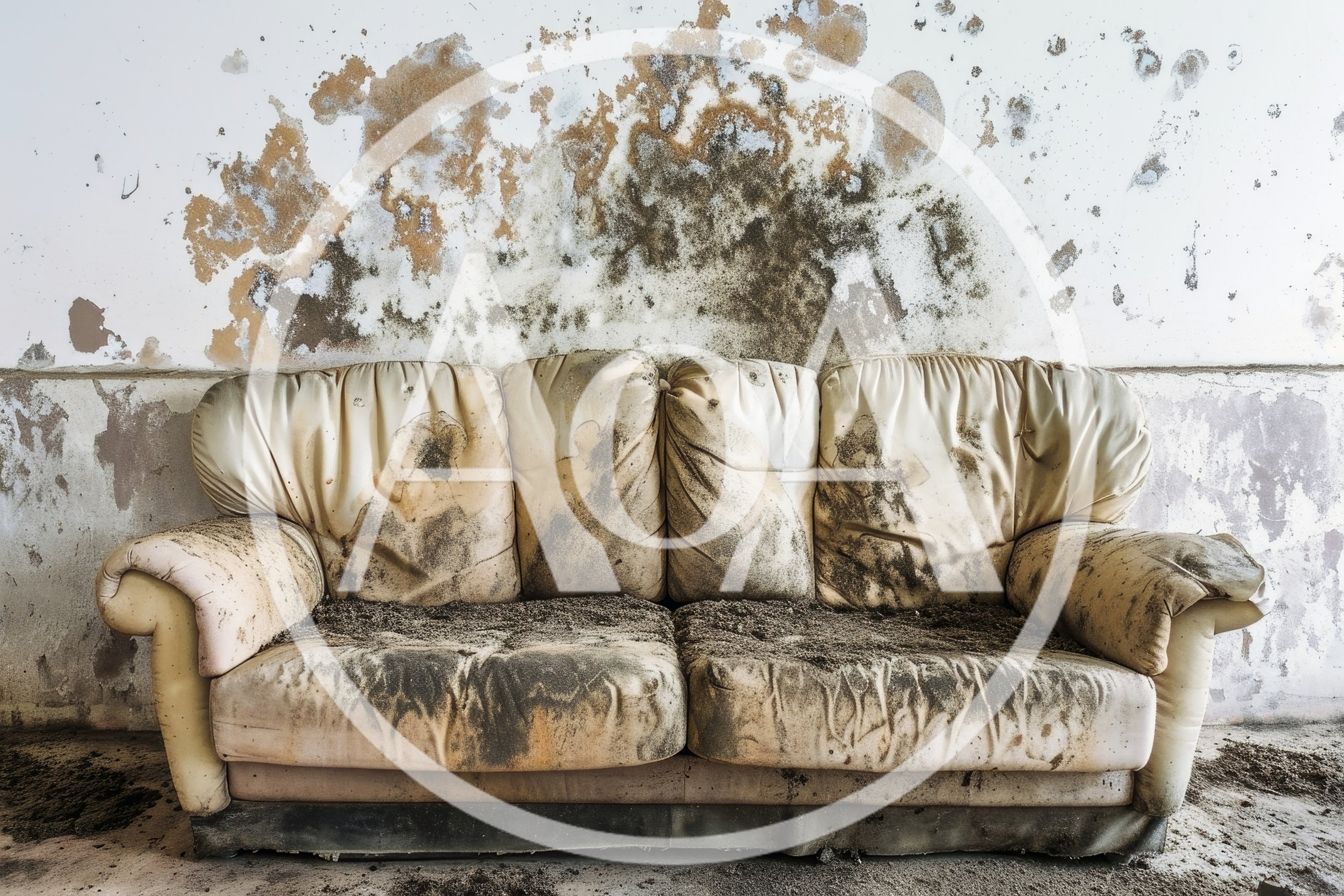 Abandoned Dirty Sofa Against Moldy Wall