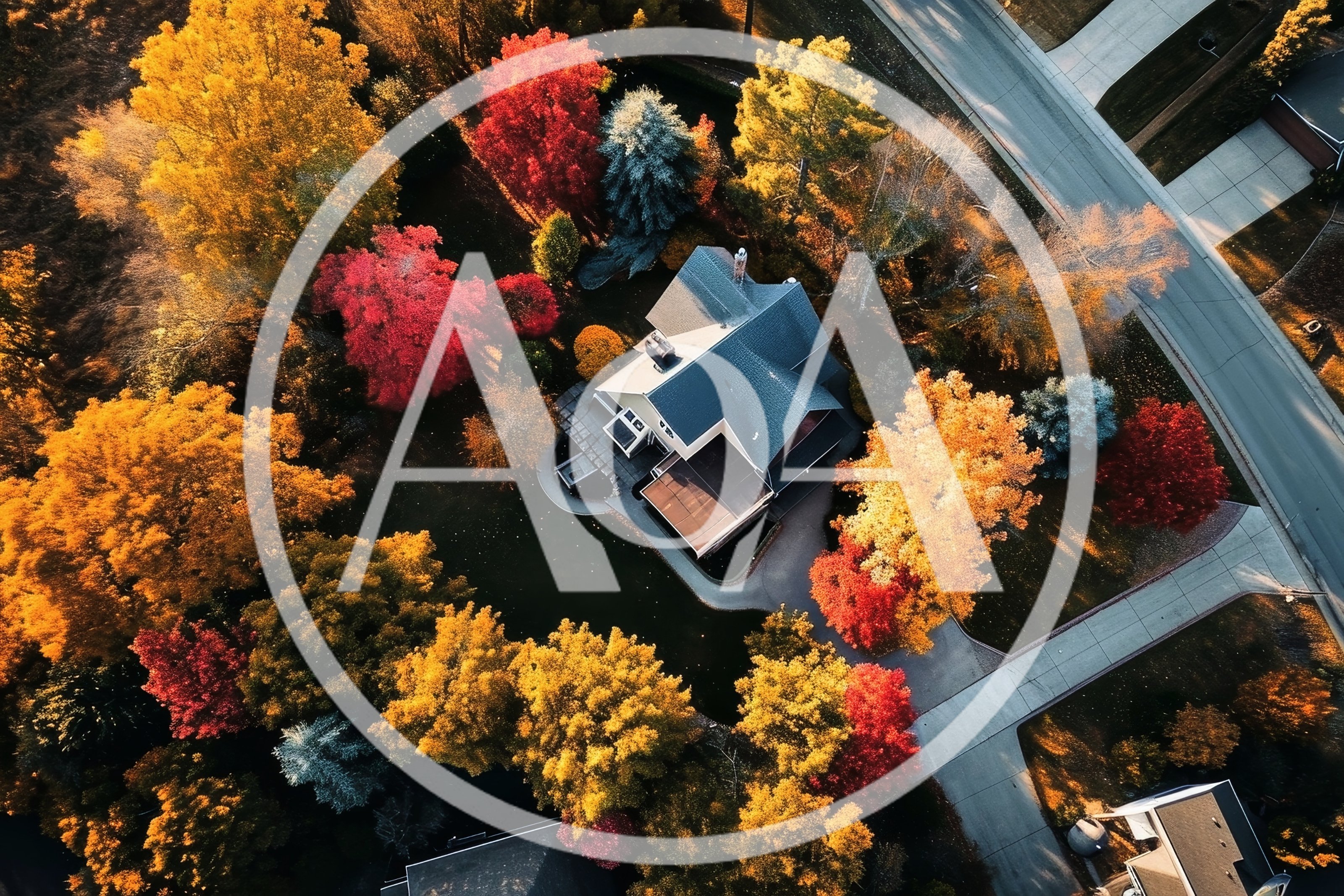 Aerial View Of A House Surrounded By Autumn Trees