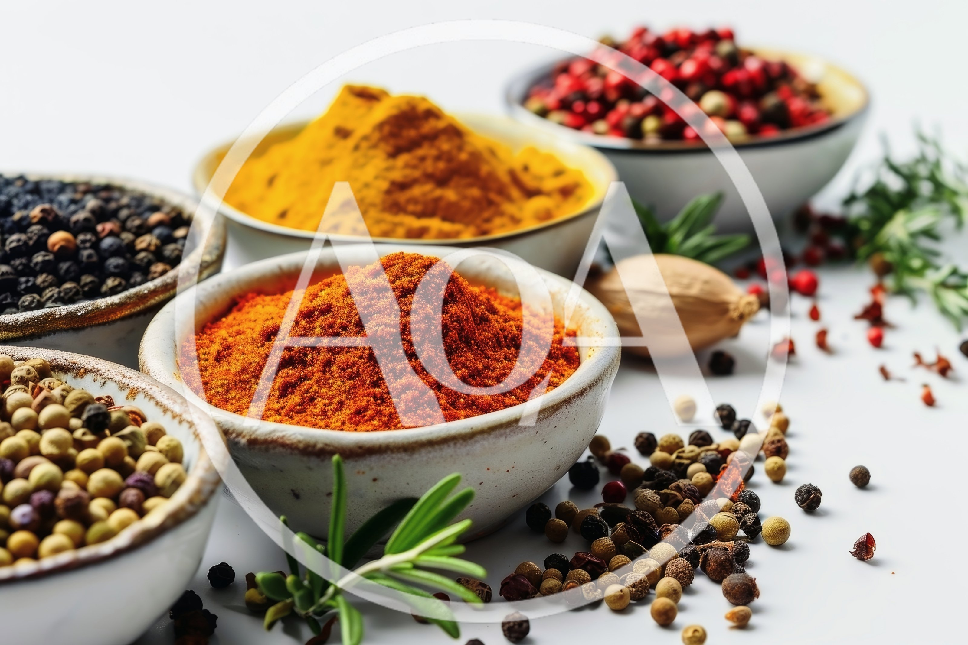 Assorted Spices and Peppercorns in Ceramic Bowls