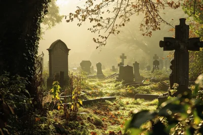 Misty Morning Sunlight Over An Ancient Overgrown Cemetery