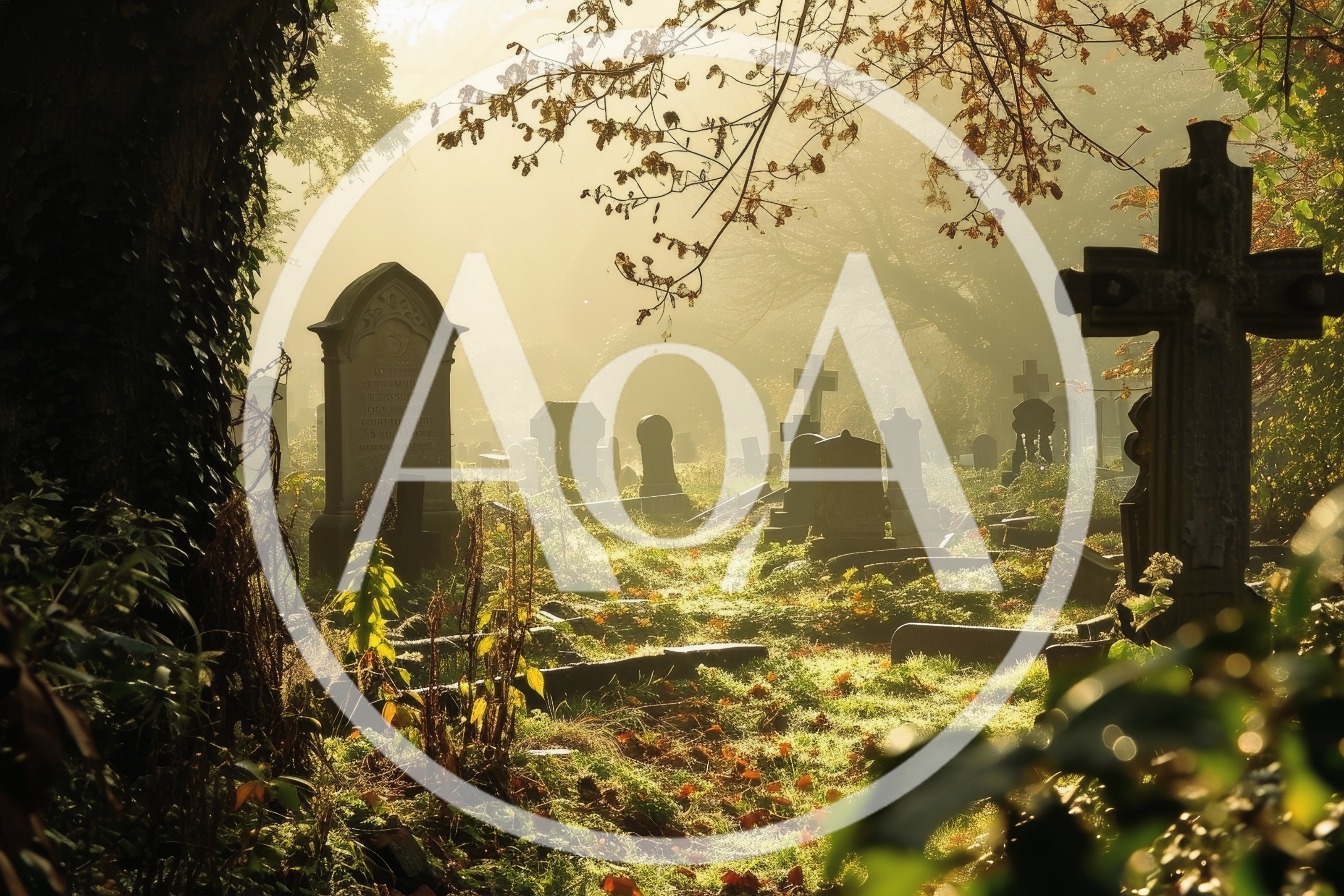 Misty Morning Sunlight Over An Ancient Overgrown Cemetery