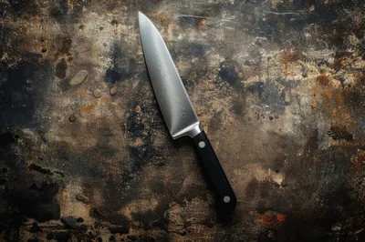 Damascus Steel Chef Knife on Distressed Metal Surface