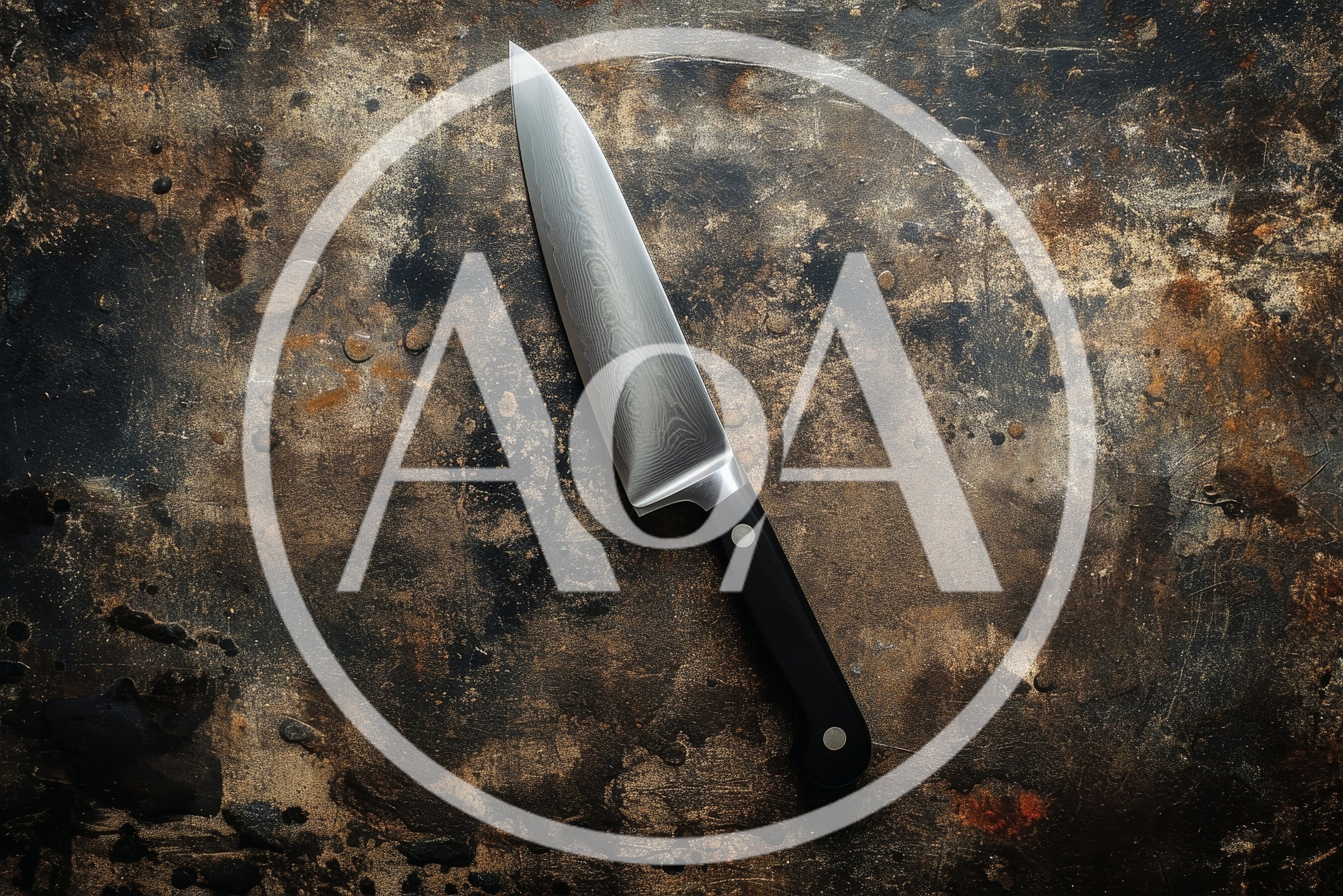 Damascus Steel Chef Knife on Distressed Metal Surface