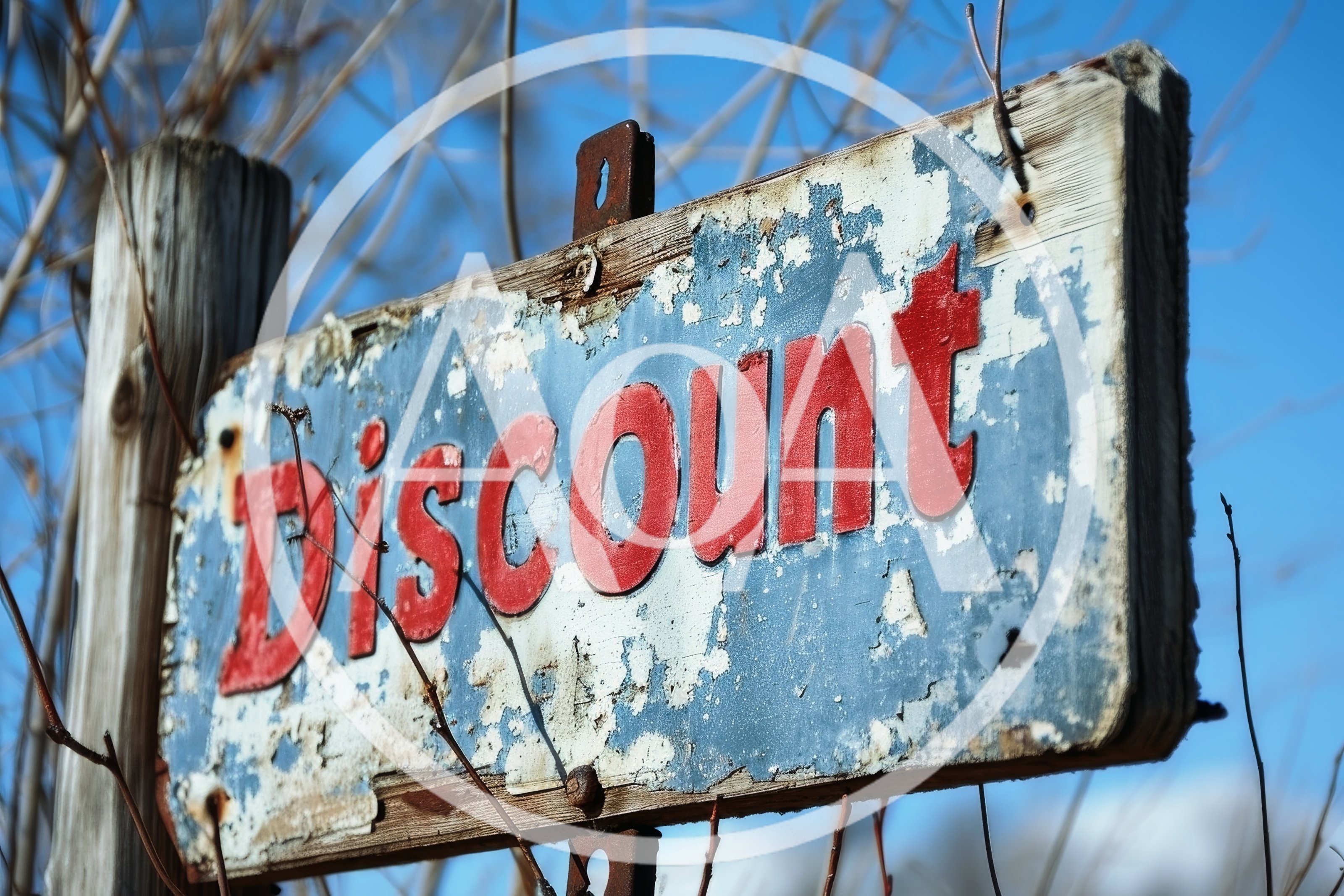 Weathered Discount Sign Outdoors Against Blue Sky