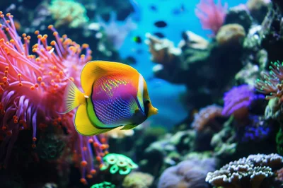 Yellow and Purple Butterflyfish Swimming in Coral Reef