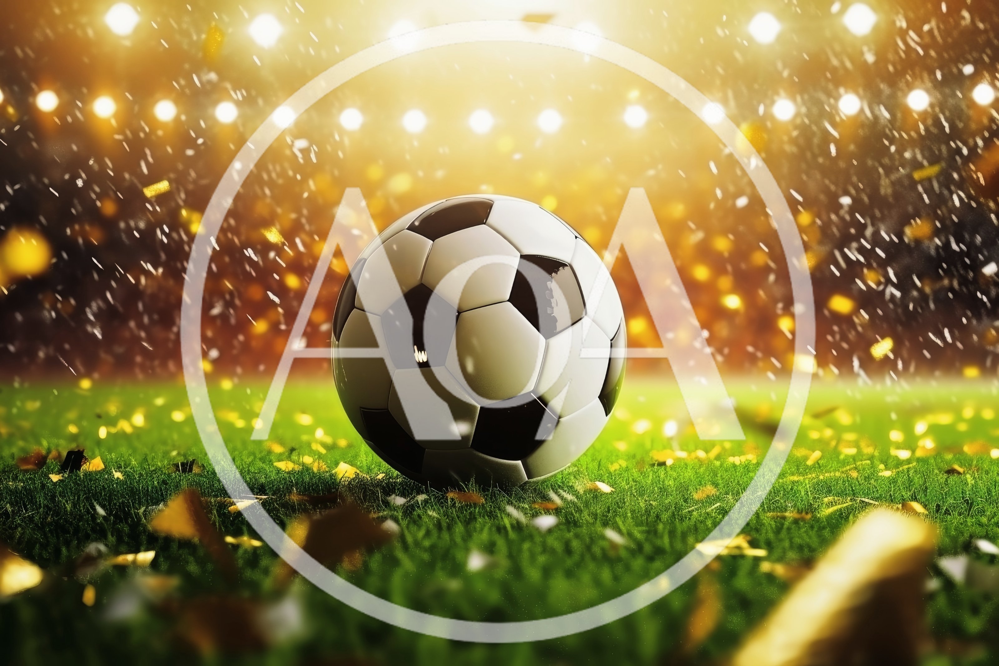Soccer Ball Resting On Grass With Golden Confetti