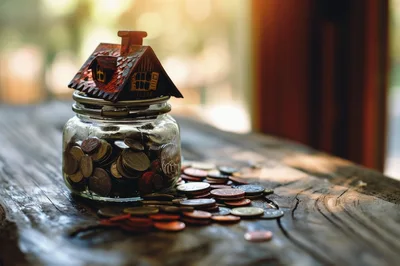 Glass Jar Filled With Coins And Miniature House Model