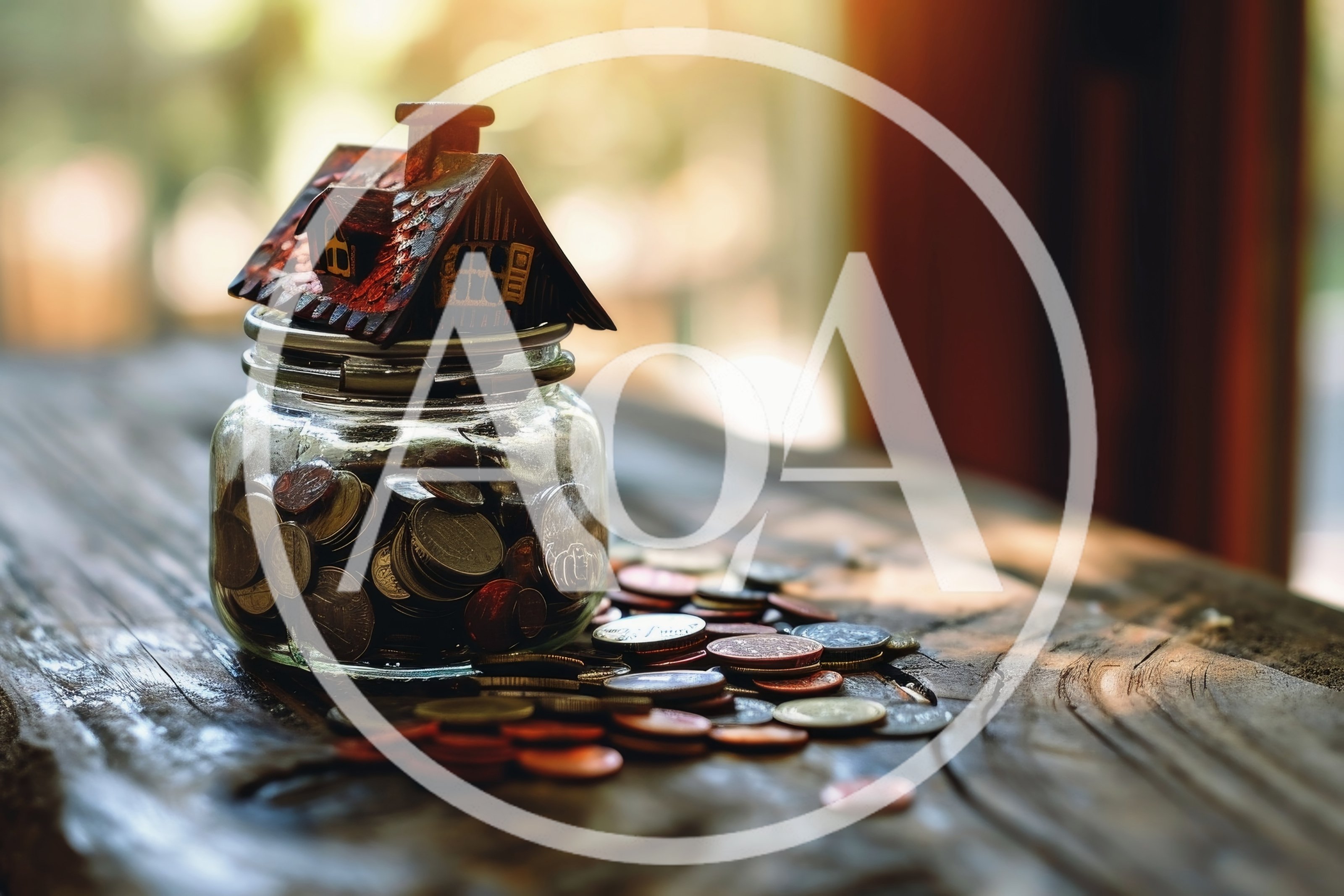 Glass Jar Filled With Coins And Miniature House Model
