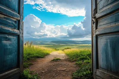 Open Wooden Doors Revealing A Scenic Countryside Landscape