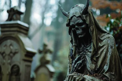 Weathered Horned Skeleton Statue In An Ancient Cemetery