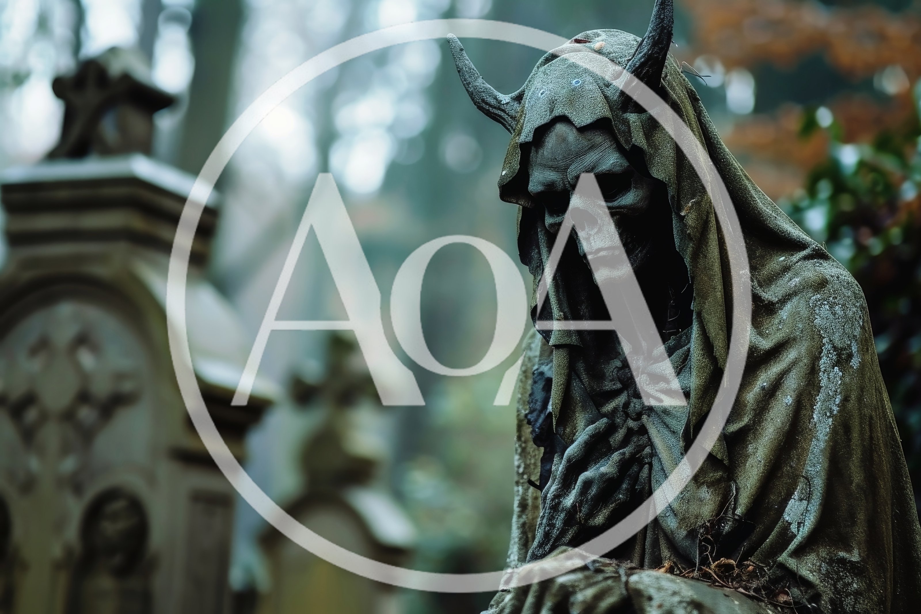 Weathered Horned Skeleton Statue In An Ancient Cemetery