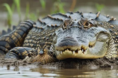 Alligator Resting Beside A Mallard Duck In Mud