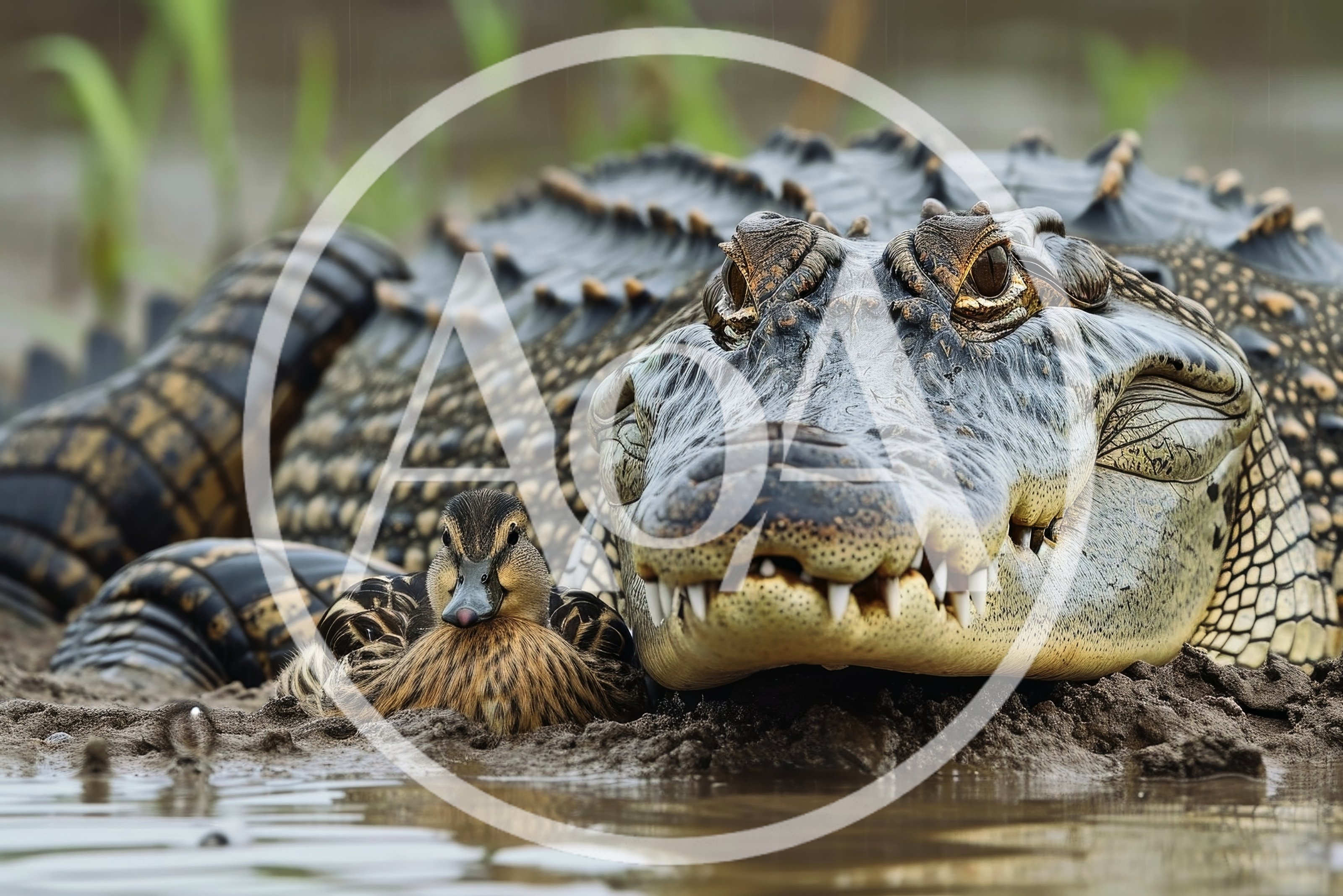 Alligator Resting Beside A Mallard Duck In Mud
