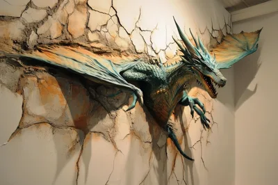 Dragon Sculpture Emerging From Cracked Wall