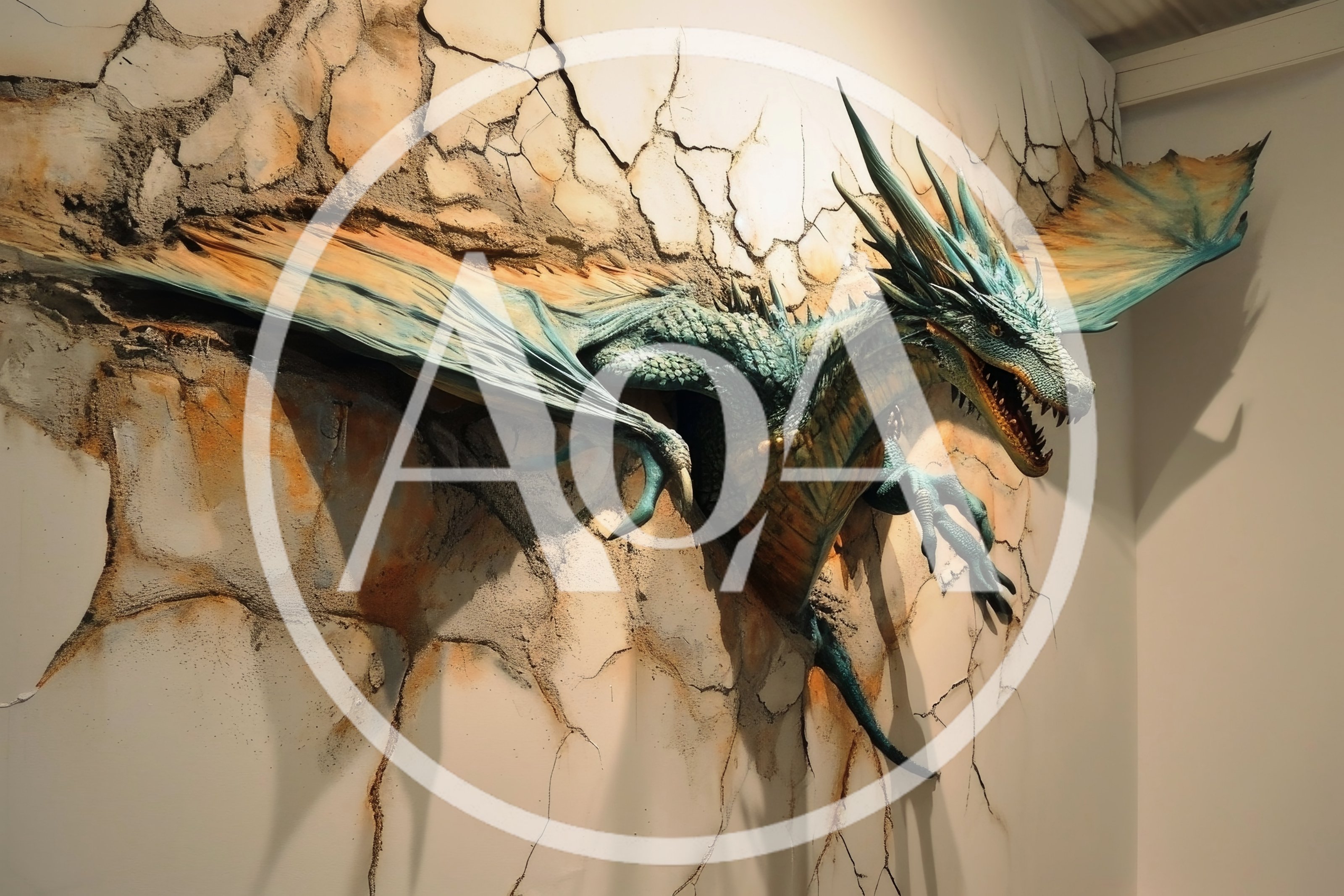 Dragon Sculpture Emerging From Cracked Wall